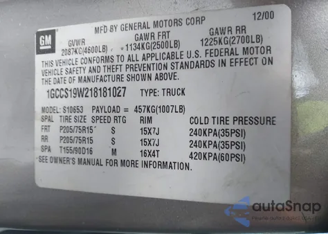 2001 Chevrolet S-10 Ls z USA, uszkodzony, nr VIN 1GCCS19W218181027